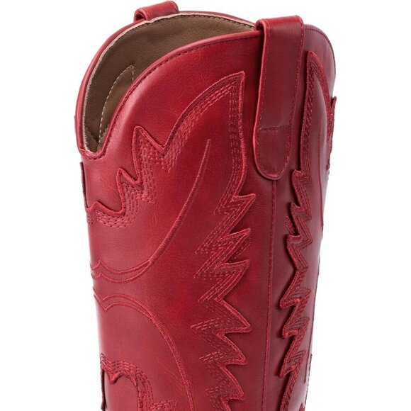 Women's Embroidered Red Stitched Chunky Mid Calf Snip Toe Heel Fashion Boot - Picture 8 of 8